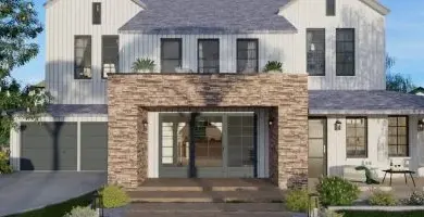 Fotorealistický 3D model venkovní strany nového domu s kamenným obložením.