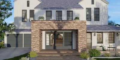 Fotorealistický 3D model venkovní strany nového domu s kamenným obložením.