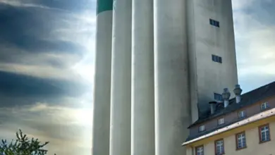 Vysoká obilní silo s zelenými pruhy na pozadí modrého nebe.