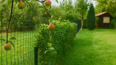 Jablko rostoucí velmi blízko zeleného plotu s drátěnou mřížkou.