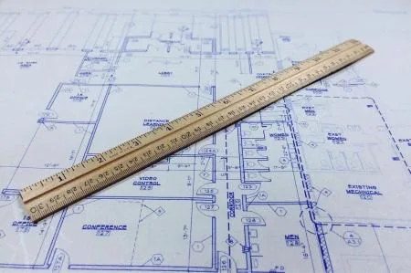 Pravítko na architektonickém plánu pro výpočet plochy.