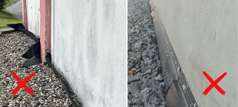 Chybná instalace geotextilie u zdi s kamenivem označená červeným křížkem.