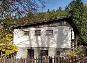 Starý dům s plochou střechou obklopený stromy.