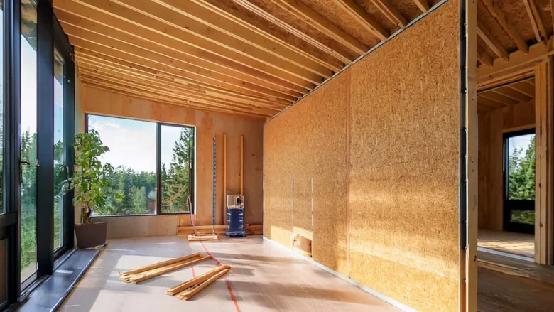 Instalace desek OSB na dřevěné konstrukci v interiéru.