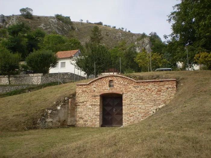 Vstup do vinného sklepu z kamene ve svahu.