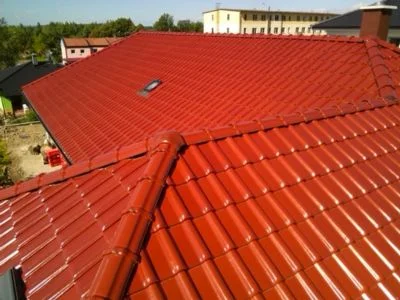 Červená tašková střecha s hřebenem, okapovým štítem a světlíkem.