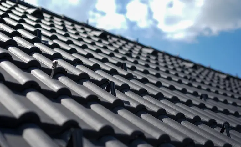 Detailní pohled na tmavé střechové tašky s překrývajícím se vzorem.