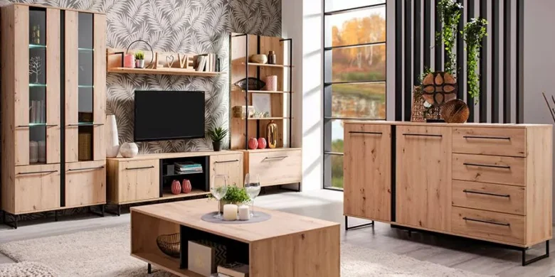 Moderní dřevěná nábytek v obývacím pokoji s televizorem a skříněmi.