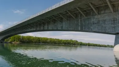 Velký betonový most přes řeku s lesy na pozadí.