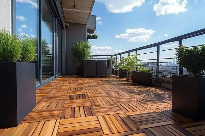 Moderní dřevěná podlaha na slunném balkóně s kvetinami.